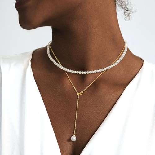 Zeffy Pearl Necklace 4MM/6MM/8MM Dainty Round Imitation Pearl Choker Necklace Wedding Pearl Necklace Delicate Jewelry for Women Simple Bridesmaid Jewelry Gifts - style: 4mm Gold Pearl Necklace & Pearl Y Necklace
