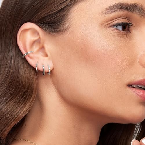 Small Hoop Earrings for Women Men Girls 14k Real Gold Plated Thin Gold Huggie Hoops Set for Cartilage Helix Hypoallergenic Surgical Stainless Steel 6/8/10/12mm - color: Silver, style: Thinner-1.6mm