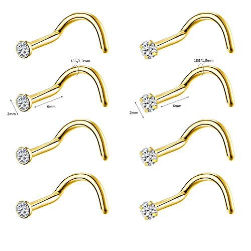 8PCS G23 Titanium Twist Screw Nose Studs 18G 20G Nose Rings 2mm 2.5mm 3mm Clear Pink Purple Aurora CZ Gold Nose Piercing Studs Nostril for Women Men - style: 18g gold clear cz 2mm