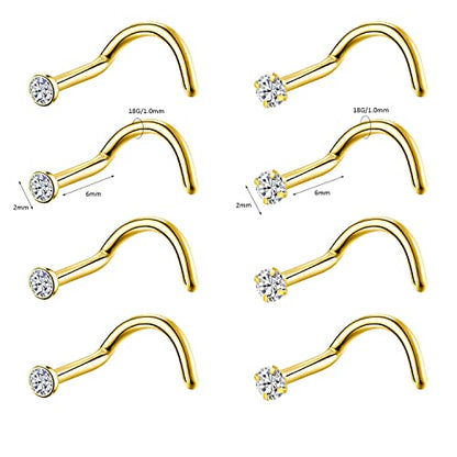 8PCS G23 Titanium Twist Screw Nose Studs 18G 20G Nose Rings 2mm 2.5mm 3mm Clear Pink Purple Aurora CZ Gold Nose Piercing Studs Nostril for Women Men - style: 18g gold clear cz 2mm