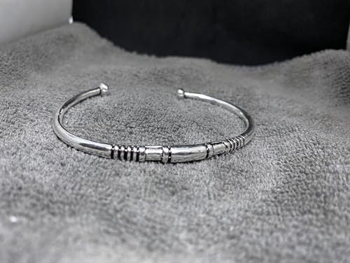 Solid 925 Sterling Silver Tribal Cuff Oxidized Torque with Engraved Geometric Pattern Ethnic Boho Handmade Bracelet Size 7 Inches and Adjustable