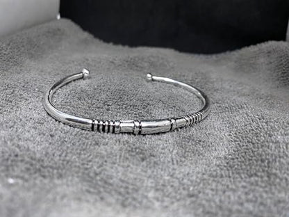 Solid 925 Sterling Silver Tribal Cuff Oxidized Torque with Engraved Geometric Pattern Ethnic Boho Handmade Bracelet Size 7 Inches and Adjustable