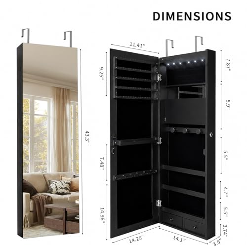 Lockable Jewelry Cabinet Organizer with Full Length Mirror, 6 Auto LED Lights, Wall & Over Door Mount Jewelry Armoire with Earring Slots, Necklace Hooks, Foldable Makeup Shelf - color: Black