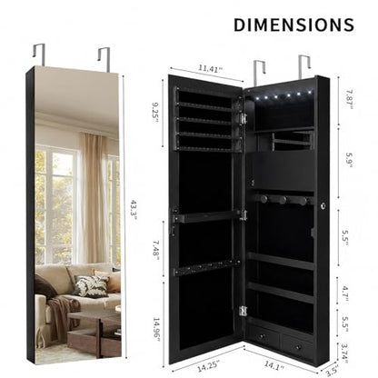 Lockable Jewelry Cabinet Organizer with Full Length Mirror, 6 Auto LED Lights, Wall & Over Door Mount Jewelry Armoire with Earring Slots, Necklace Hooks, Foldable Makeup Shelf - color: Black