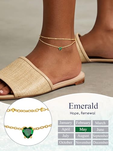 Suplight Gold Plated Butterfly Anklets for Women Waterproof, Layered Boho Ankle Bracelet with Birthstone, Stainless Steel Adjustable Non-Tarnish Heart Foot Jewelry Beach Vacation - color: 05. Heart-May. Emerald
