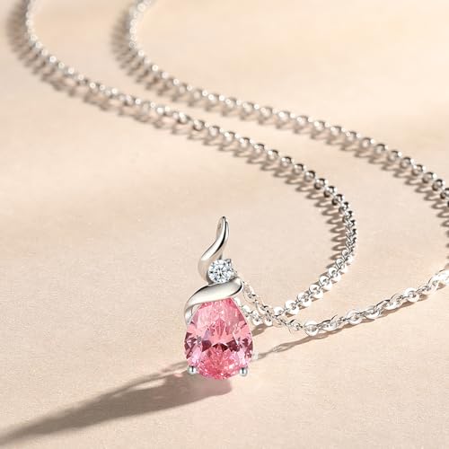 FANCIME 14K Solid White Gold Birthstone Pendant Necklace for Women with Diamond Pear Shaped Teardrop Necklace Birthday Gifts for Mom Women,Sterling Silver Chain 16" + 2" Extender - color: 10-Pink tourmaline
