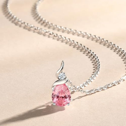 FANCIME 14K Solid White Gold Birthstone Pendant Necklace for Women with Diamond Pear Shaped Teardrop Necklace Birthday Gifts for Mom Women,Sterling Silver Chain 16" + 2" Extender - color: 10-Pink tourmaline