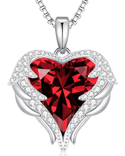 CDE Angel Wings Heart Birthstone Pendant Necklace Gift for Women | Silver/Gold Tone,Ideal Birthday & Anniversary Jewelry Gift for Wife,Girlfriend,Her - color: White-01&07-Ruby Red Birthstone