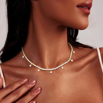 Luxval Tennis Necklace 14K Gold Plated Rhinestone Butterfly Choker Necklaces for women Dainty Zirconia Cut Faux Diamond chain 3mm - color: Gold-Pearl dangle tennis