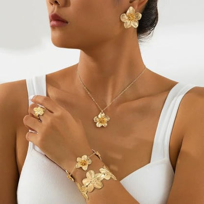 Gold Flower Jewelry Set For Women, 5 Pcs Chunky Golden Floral Pendant Necklace Bracelet Earrings Ring Set Statement Flower Jewelry Gifts For Beach Wedding - color: 5pcs-Gold