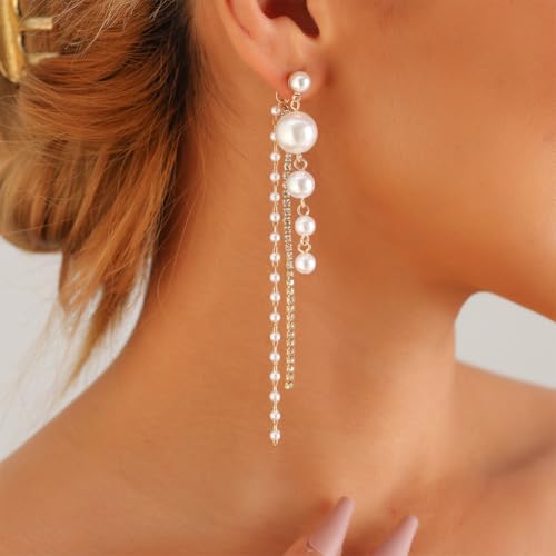 Statement Beaded Pearl Drop Dangle Earrings for Women, Charm Crystal Pearls Zircon Long Tassel Stud Earring Dangling Exquisite Prom Party Jewelry Gifts