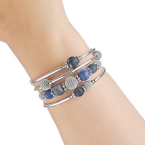 PEARL&CLUB Beaded Chakra Bangle Turquoise Bracelet - Fashion Jewelry Wrap Bracelet with Thick Silver Metal and Mala Beads, Birthday Gifts For Women - color: Navy Blue
