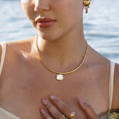 Gold Choker Necklace Dainty 14K Gold Plated Collar Necklace with Cubic Zircon Pendant Necklaces Fashion Minimalist Summer Crystal Collar Necklaces Boho Jewelry - style: CZ Rectangle