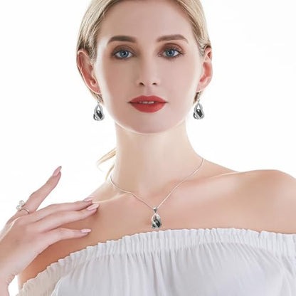 Pearl Jewelry Set For Women S925 Sterling Silver/14K Gold Plated Necklace & Earrings Set Freshwater Pearl Pendant Cage Set for Wedding Anniversary Prom Birthday Gift - color: Silvery-Black