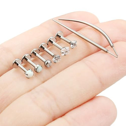F136 Titanium 20/18/16g Internally Threaded Medusa Monroe Lip Ashley Labret Nose Rings Flat Back Tragus Helix Cartilage Conch Screw Stud Earrings Surgical Steel Piercing Jewelry for Women - color: White CZ, size: 16g*1/4in