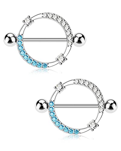 Melighting 14G Nipple Rings Shiny Stainless Steel 316L Clear Blue CZ Dainty Round Nipple Barbell Nipple Bars Body Piercing Jewelry for Women