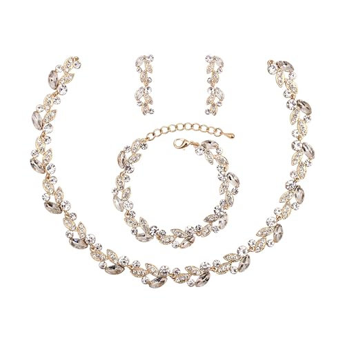 QLLYHLH Woman’s Brides Bridesmaid Leaf Choker Necklace Dangle Earrings Link Bracelet Austrian Crystal Wedding Jewelry Set Prom Costume Party Events | Brides, Bridesmaid, Prom, Events, Costume Party, Leaf - color: White-Gold Plated