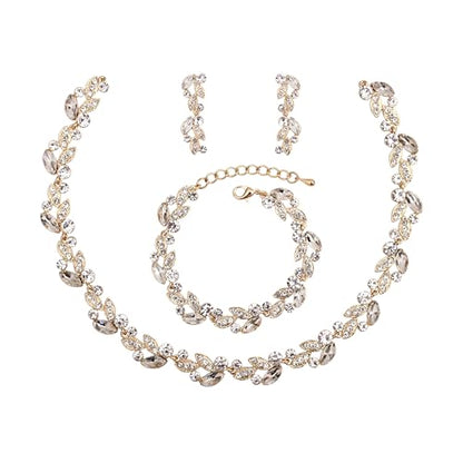 QLLYHLH Woman’s Brides Bridesmaid Leaf Choker Necklace Dangle Earrings Link Bracelet Austrian Crystal Wedding Jewelry Set Prom Costume Party Events | Brides, Bridesmaid, Prom, Events, Costume Party, Leaf - color: White-Gold Plated
