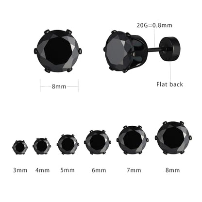 VOLUKA Cubic Zirconia Stainless Steel Screw Flat Back Earring - Hypoallergenic Stud Earrings for Women & Men - 316L Titanium CZ Stud Earrings for Nickel-Free, Trendy & Elegant - color: 6 Pairs- 3-8mm Flat Back -Black