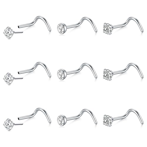 Mayhoop 20G Nose Rings Studs 316L Surgical Stainless Steel L Shape Bone Diamond Heart Corkscrew Nose Ring Nostril Piercing Jewelry For Women Men - color: Screw-Silver-C