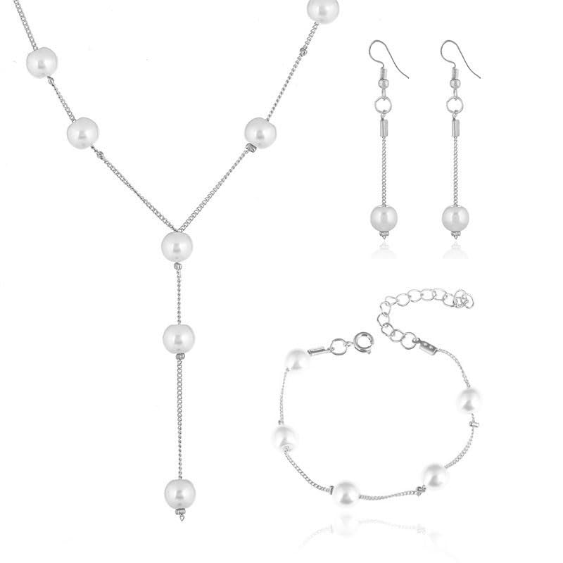 Bridal Necklace Earring and Bracelet Set Faux Pearl Jewelry Set for Women Wedding Bridal Jewelry (Silver)