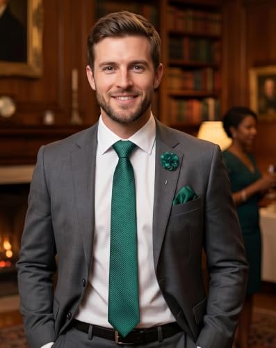 joy alice 30 Colors Solid Ties for Man Pure Color Men's Tie Set with Lapel Pin Pocket Square Tie Clip - color: Emerald Green