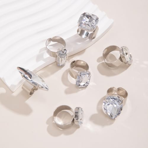 FUTIMELY 7Pcs Exaggerated Chunky Large Rhinestone Ring Set,Glitter Heart Square Oval Teardrop Knuckle Rings,Unique Red Crystal Open Rings Pack Cocktail Jewelry - color: Silver