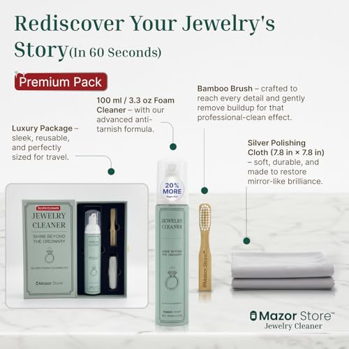 Silver Jewelry Cleaner, Instant Shine, 4-in-1 Gold, Platinum Jewelry Cleaner Solution, Brush, Large Polishing Cloth & Luxury Travel Box – Eco-Friendly, Tarnish Remover & Jewelry Cleaner Kit