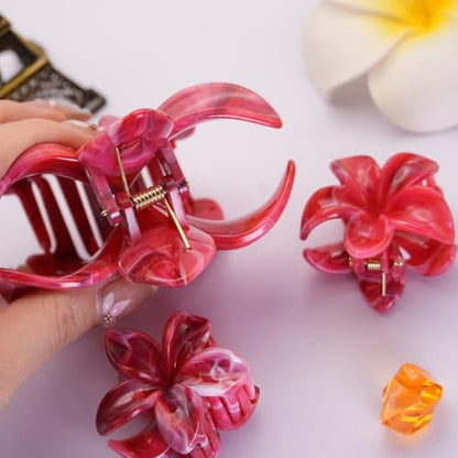 Flower Hair Clips for Women Girls Cute Claw Clips Set Wine-Red Plumeria with Marble Design Barrettes Summer Hair Clip Fashion Hair Styling Accessories for Thick Thin Hair(3Pcs:1Large 2Small) - color: Wine-Red