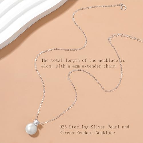 Single Black Pearl Pendant Necklace with Cubic Zirconia for Women S925 Sterling Silver Simple Crystal Pearl Drop Necklace Charm Chain Wife Daughter Birthday Wedding Graduation Jewelry Gifts - color: White, size: 8MM