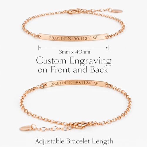 Personalized Skinny Bar Bracelet with Name or Coordinates – Custom Engraved Dainty Name Bracelet for Women – 14k Gold Filled or 925 Sterling Silver
