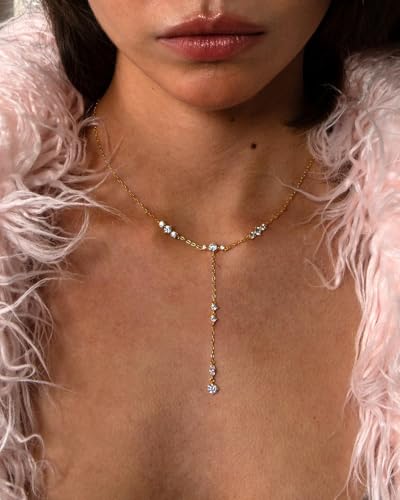 LuckFairy Lariat Necklace for Women，Dainty Gold Long Necklaces 14k Gold Plated CZ Lips Bead Y-Shaped Drop Chain Necklace Simple Gold Layered Necklaces for Women Trendy Gold Jewelry Gifts for Women - color: Gold-dainty long necklace