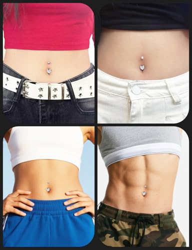 Long Belly Button Ring 6mm 8mm 10mm 12mm 14mm Surgical Stainless Steel Round Cubic Zirconia Navel Barbell Long Bar Belly Button Piercing Jewelry Silver, black, rose gold belly ring - color: 14mm Double Heart Zircon Curved Piercing Jewelry