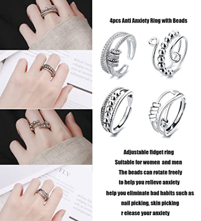 BOMAIL 4PCS Fidget Spinner Rings for Women | Open Spinning, Spinner,Knuckle Stackable, Adjustable, Stainless Steel,Finger Rings Pack