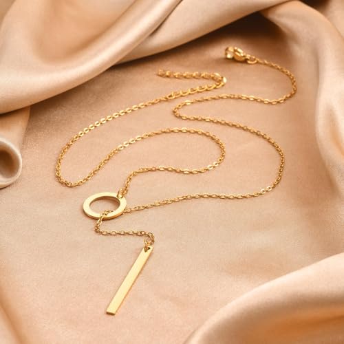 Lariat Necklace for Women Dainty Gold Long Necklace 14k Gold Plated Adjustable Y-Shaped Pendant Necklace Sliding Lariat Chain Minimalist Layered Statement Jewelry - color: Gold-B