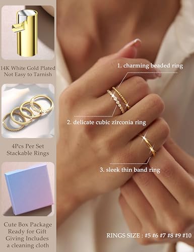 Florideco 14K Gold Plated Stackable Rings for Women Non Tarnish Dainty Cubic Zirconia Thumb Ring Set Silver Plated Stacking Set Statement Promise Band Ring Sets - color: 14K Gold-plated