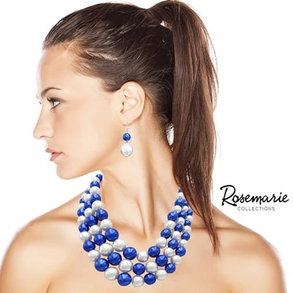 Rosemarie & Jubalee Women's 3 Colorful Multi Strands Simulated Pearl Necklace And Earrings Jewelry Gift Set, 18"+3" Extender - color: Blue White Mix Silver Tone Double Ball Earring