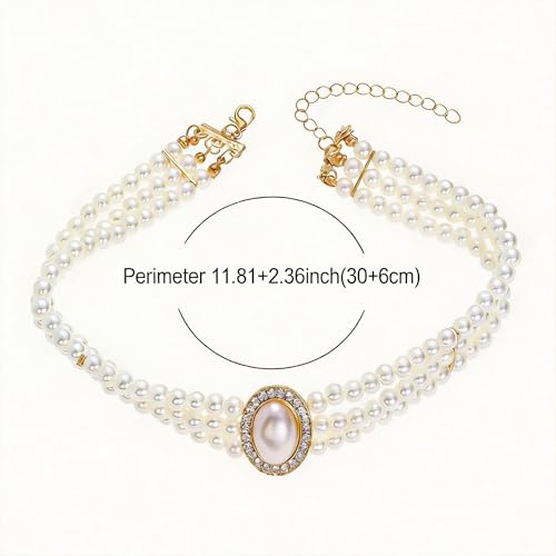 Pearl choker necklaces for women, 3 Row Faux Pearl Necklace Choker with Crystal Rhinestone Centerpiece, Vintage Layered Statement Collar for Wedding Party Evening Costume Jewelry
