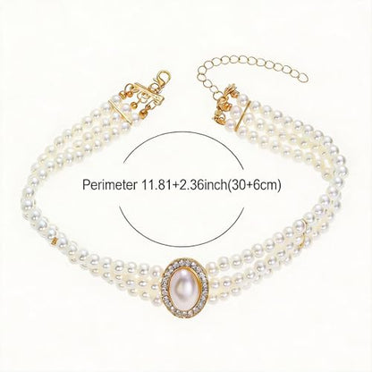 Pearl choker necklaces for women, 3 Row Faux Pearl Necklace Choker with Crystal Rhinestone Centerpiece, Vintage Layered Statement Collar for Wedding Party Evening Costume Jewelry