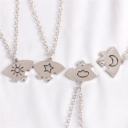3pcs Friendship Moon Sun Star Puzzle Matching Necklace Set Gold Silver Plated Cute Crescent Round Circle Geometric Best Friend BFF Pendant Necklace for 3 Women Sisters Daughter Birthday Jewelry Gifts - color: 4pcs silver necklace