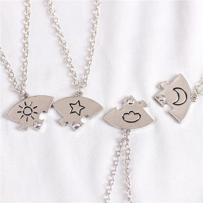 3pcs Friendship Moon Sun Star Puzzle Matching Necklace Set Gold Silver Plated Cute Crescent Round Circle Geometric Best Friend BFF Pendant Necklace for 3 Women Sisters Daughter Birthday Jewelry Gifts - color: 4pcs silver necklace