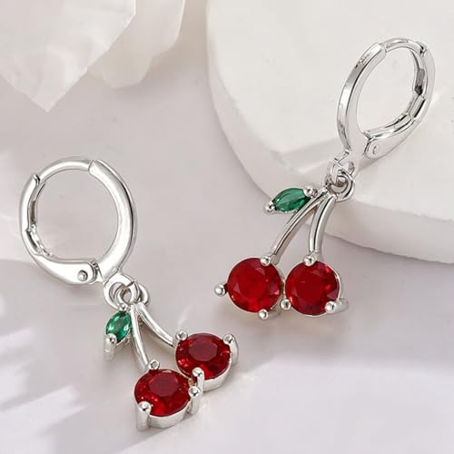 MALOYANVE Red Cherry Jewelry Set for Women 18K Gold Plated Sweet Fruit Dainty Cubic Zirconia Cherry Earring Necklace and Bracelet Summer Tropical Charm Accessories - color: Silver