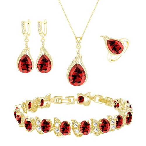 GZWHD Jewelry Set for Women CZ Earrings Necklace Ring Bracelet Set Prom Party Wedding Jewelry Gift for Mother Friend Wife - color: B-Gold-Garnet