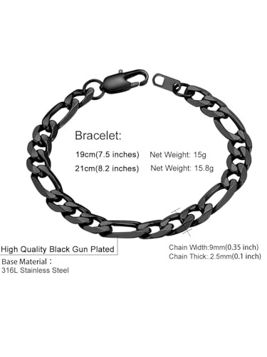 ChainsHouse Figaro Link Chain Bracelet for Men Stainless Steel Jewelry | Black/ Gold Bracelets Men, 6/9/13mm Figaro Cuabn Bracelets 7.5"/8.3", Chunky Hip Hop Wrist Hand Chain Bracelet for Gift - color: h: 9mm-black