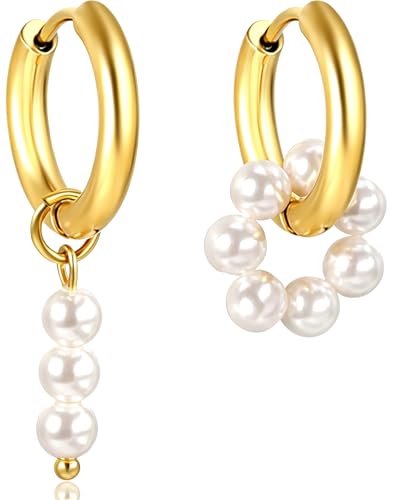 Pearl Earrings VeroSteel Dangle Earrings for Women, Dainty 14k Gold Huggie Hoop Earrings with Pearls, Trendy Pearl Drop Earrings, Stainless Steel Hypoallergenic Stud Earrings For Sensitive Ears - style: Asymmetric