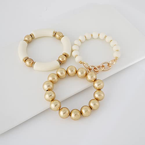 LALAPPLE Gold Plated Beaded Acrylic Bamboo Tube Bangle Bracelets for Women, Colorful Chunky Curved Tube With Gold Plated Pieces Beads Stretch Bracelet Friendship Summer Beach Jewelry - color: A-Ivory-gold beaded 3pcs