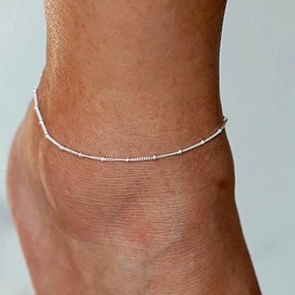 Dainty Simple Chain Anklet for Women 18k Gold/Silver Plated Summer Beach Beaded Evil Eye Moon Figaro Butterfly Satellite Cuban Pearl Flat Marina Anklet Gift - color: Satellite -Silver