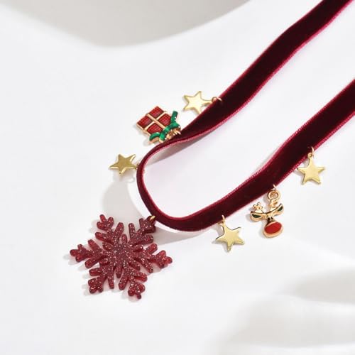 Christmas Choker Necklace for Women Xmas Gift Snowflake Red Velvet Pendant Necklace Red Velvet Reindeer Choker Necklaces Christmas Party Costume Accessories - style: snowflake