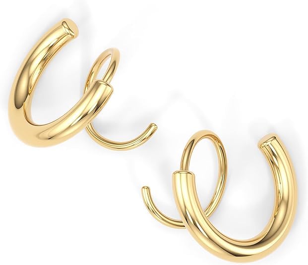 Spiral Hoop Twist Double Earrings - 14K Helix Spiral Earrings, Double Piercing Earrings, Faux Double Hoop Earrings, Tiny Twist Earrings for Women - color: Gold - 2.5mm