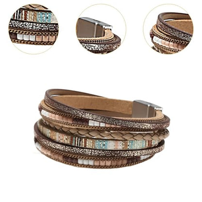 PU Leather Wrap Bracelet for Women Bohemian Handwoven Multi Layered Wristband Fashion Jewelry Accessory 7.68 Inch - color: Khaki